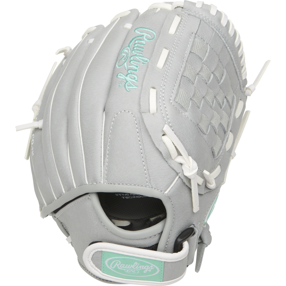 The Rawlings Sure Catch 11" Fastpitch Glove (SCSB110M) features light gray color, white laces, teal accents, a woven web pocket, and the Rawlings logo—ideal for youth softball.