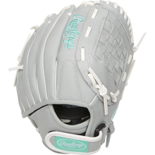 The Rawlings Sure Catch 11" Fastpitch Glove (SCSB110M) features light gray color, white laces, teal accents, a woven web pocket, and the Rawlings logo—ideal for youth softball.