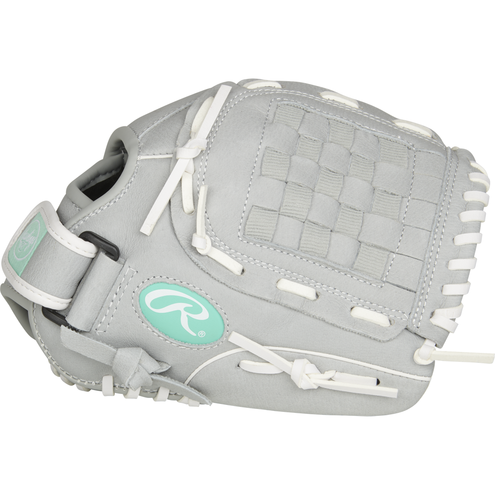 A light gray Rawlings Sure Catch 11" Fastpitch Glove (SCSB110M) for youth, featuring white laces and a teal logo on the side, is displayed against a plain white background.