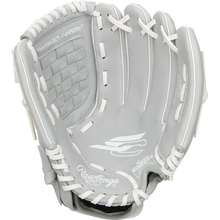 The Rawlings Sure Catch 11.5" Fastpitch Glove (SCSB115M) is a youth softball glove in gray with white laces, detailed stitching, basket-web design, and Rawlings logos on the palm and thumb.