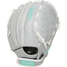 The Rawlings Sure Catch 11.5" Fastpitch Glove (SCSB115M) is a youth softball glove in light gray with white laces, mint green accents, and the Rawlings logo on the back and wrist strap. It features a basket web and open back design.