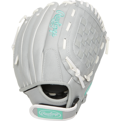 The Rawlings Sure Catch 11.5" Fastpitch Glove (SCSB115M) is a youth softball glove in light gray with white laces, mint green accents, and the Rawlings logo on the back and wrist strap. It features a basket web and open back design.