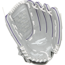 A Rawlings Sure Catch 12.5" Fastpitch Glove (SCSB125PU) in gray with white lacing and purple stitching, featuring the Rawlings logo on the palm and “Basket Web” text on the web, is displayed open against a white background.