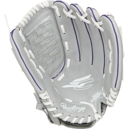 A Rawlings Sure Catch 12.5" Fastpitch Glove (SCSB125PU) in gray with white lacing and purple stitching, featuring the Rawlings logo on the palm and “Basket Web” text on the web, is displayed open against a white background.