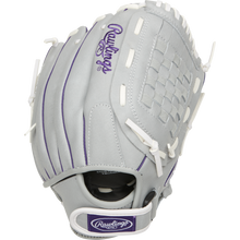 The Rawlings Sure Catch 12" Fastpitch Glove (SCSB12PU) is a gray youth softball glove with white laces and purple accents, featuring the Rawlings logo on the back and wrist strap and bold basket webbing against a white background.