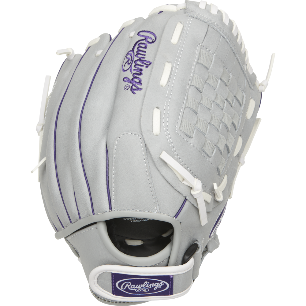 The Rawlings Sure Catch 12.5" Fastpitch Glove (SCSB125PU) is gray with white lacing, purple accents, a purple Rawlings logo, a basket web pattern, and an adjustable wrist strap—perfect as a youth softball glove.