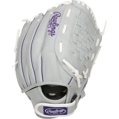 The Rawlings Sure Catch 12.5" Fastpitch Glove (SCSB125PU) is gray with white lacing, purple accents, a purple Rawlings logo, a basket web pattern, and an adjustable wrist strap—perfect as a youth softball glove.