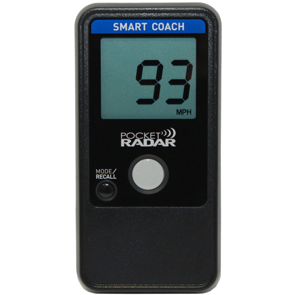 The Pocket Radar Smart Coach Radar: SR1100 by Pocket Radar shows a 93 MPH speed reading on its digital screen. Featuring a MODE/RECALL button, it’s an essential tool for any speed training system.