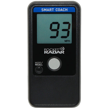 The Pocket Radar Smart Coach Radar: SR1100 by Pocket Radar shows a 93 MPH speed reading on its digital screen. Featuring a MODE/RECALL button, it’s an essential tool for any speed training system.