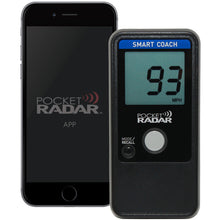 A smartphone displays the Pocket Radar app next to the Pocket Radar Smart Coach Radar: SR1100 by Pocket Radar, showing a 93 MPH speed—ideal for any speed training system.