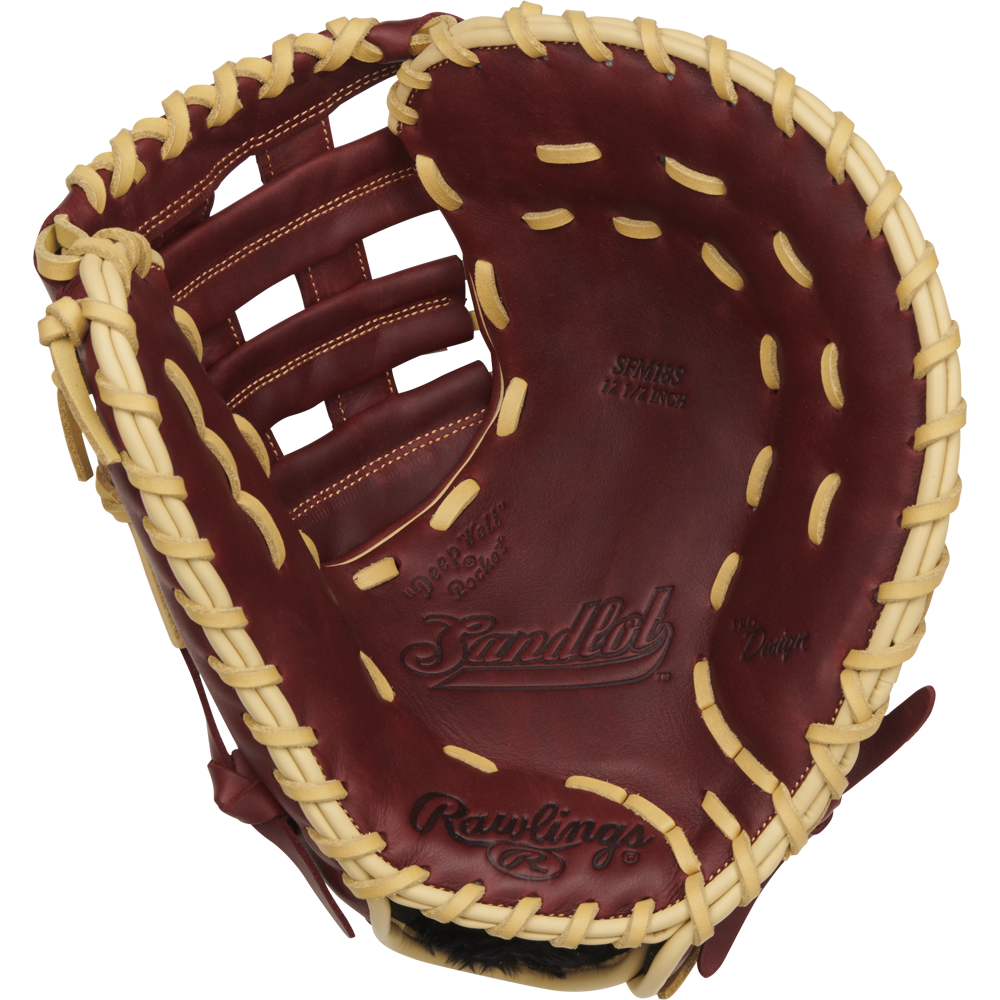 A close-up of an open Rawlings Sandlot 12.5" Baseball First Base Mitt (SFM18S) shows visible stitching and "Sandlot" and "Rawlings" engraved on the tan leather.