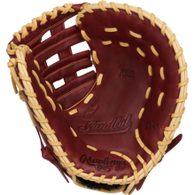 A close-up of an open Rawlings Sandlot 12.5" Baseball First Base Mitt (SFM18S) shows visible stitching and "Sandlot" and "Rawlings" engraved on the tan leather.