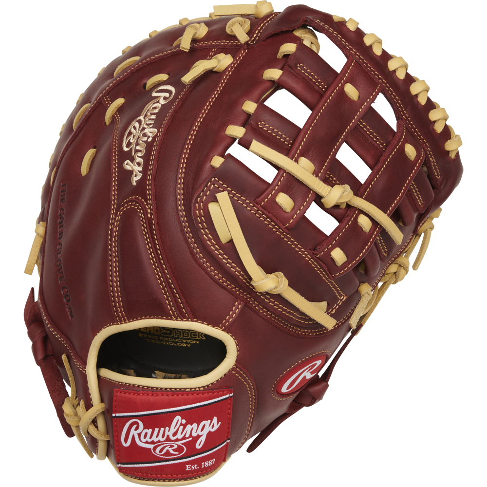The Rawlings Sandlot 12.5" Baseball First Base Mitt (SFM18S) features cream laces, detailed stitching, and the Rawlings logo on the thumb and wrist strap, shown against a plain white background.