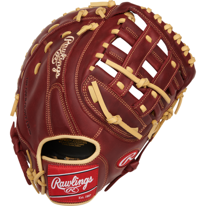 The Rawlings Sandlot 12.5" Baseball First Base Mitt (SFM18S) features cream laces, detailed stitching, and the Rawlings logo on the thumb and wrist strap, shown against a plain white background.