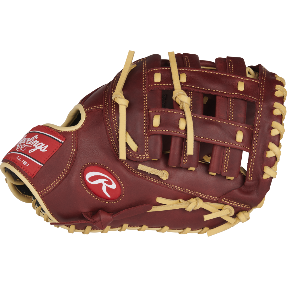 The Rawlings Sandlot 12.5" Baseball First Base Mitt (SFM18S) features brown leather, tan laces, and a red Rawlings logo patch on the wrist, shown against a white background for classic style and reliable performance.