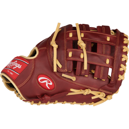 The Rawlings Sandlot 12.5" Baseball First Base Mitt (SFM18S) features brown leather, tan laces, and a red Rawlings logo patch on the wrist, shown against a white background for classic style and reliable performance.
