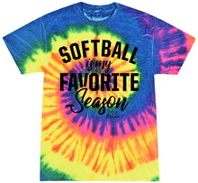 The NSA Softball is My Favorite Season Short Sleeve Shirt by DSG Apparel features bright tie-dye swirls and bold “SOFTBALL is my FAVORITE Season” text—a vibrant pick for any National Softball Association fan.