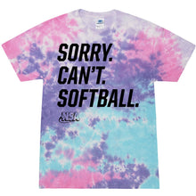The DSG Apparel NSA Sorry Can't Softball Short Sleeve Shirt features pastel pink, purple, and blue tie-dye swirls with bold black "SORRY. CANT. SOFTBALL." text and the National Softball Association logo underneath.