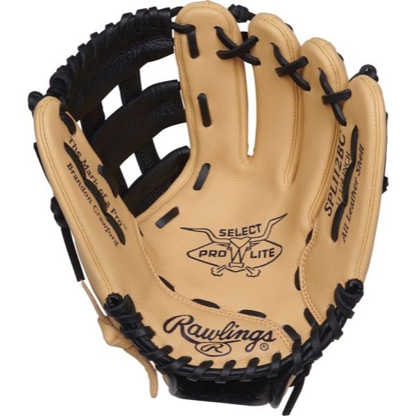 The Rawlings Select Pro Lite 11.25" Brandon Crawford Glove (SPL112BC) is a tan and black youth glove with black laces, All Leather Shell text, Youth Pro Taper Fit, and the Rawlings logo.