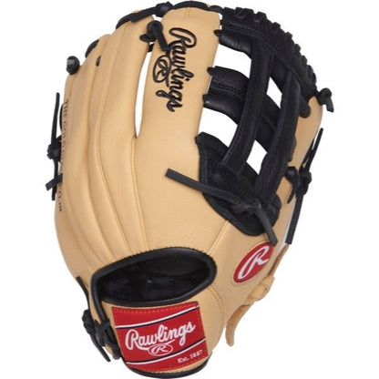 A tan and black Rawlings Select Pro Lite 11.25" Brandon Crawford Baseball Glove (SPL112BC) with red and white Rawlings logos, open web design, and black lacing.