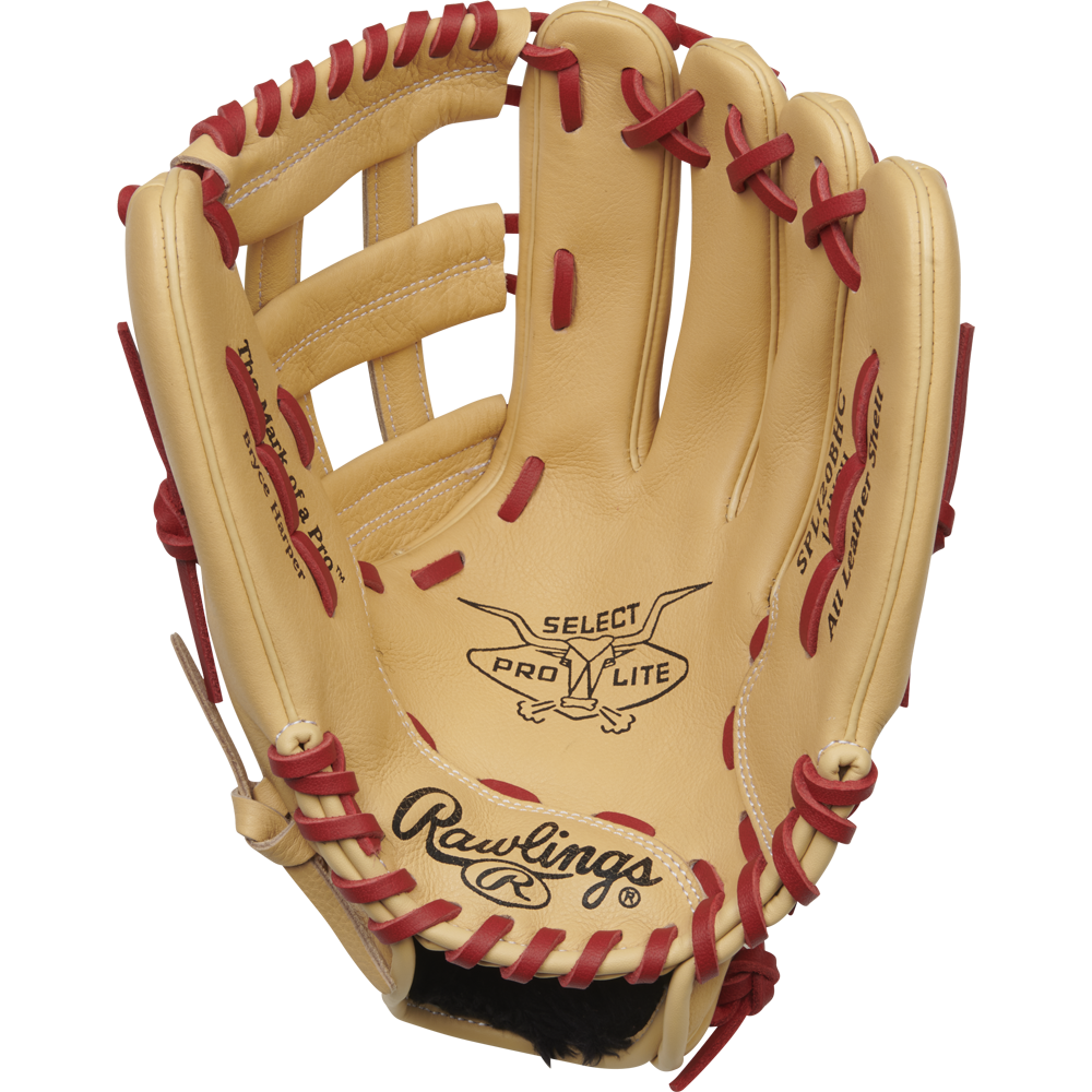 The Rawlings Select Pro Lite 12" Bryce Harper Baseball Glove (SPL120BHC) features tan leather, red lacing, signature detailing, and palm branding—designed for precision catches on the field.