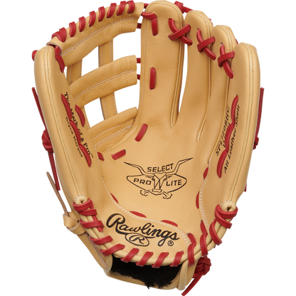 The Rawlings Select Pro Lite 12" Bryce Harper Baseball Glove (SPL120BHC) features tan leather, red lacing, signature detailing, and palm branding—designed for precision catches on the field.