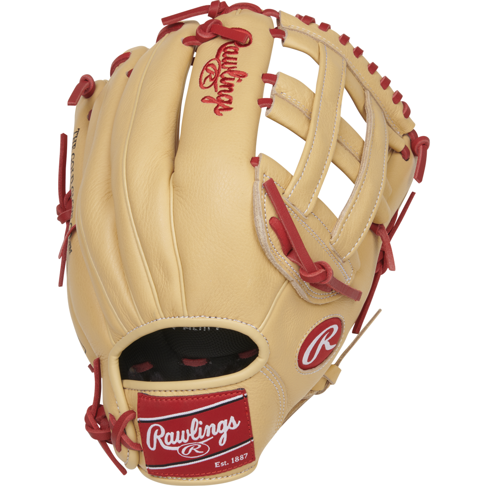 The Rawlings Select Pro Lite 12" Bryce Harper Baseball Glove (SPL120BHC) features a tan design with red laces, red Rawlings logos, and white stitching, shown against a plain white background.