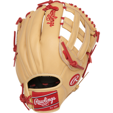The Rawlings Select Pro Lite 12" Bryce Harper Baseball Glove (SPL120BHC) features a tan design with red laces, red Rawlings logos, and white stitching, shown against a plain white background.