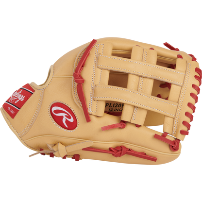 The Rawlings Select Pro Lite 12" Bryce Harper Baseball Glove (SPL120BHC) is tan with red stitching and laces, features an open web design and the Rawlings logo on the side, inspired by pro Bryce Harper.