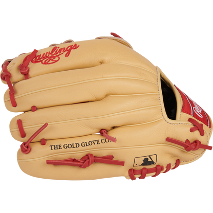 The Rawlings Select Pro Lite 12" Bryce Harper Baseball Glove (SPL120BHC) features tan leather with red laces, black "THE GOLD GLOVE CO." and MLB logos on the palm, and is modeled after Bryce Harper’s game-day pattern.