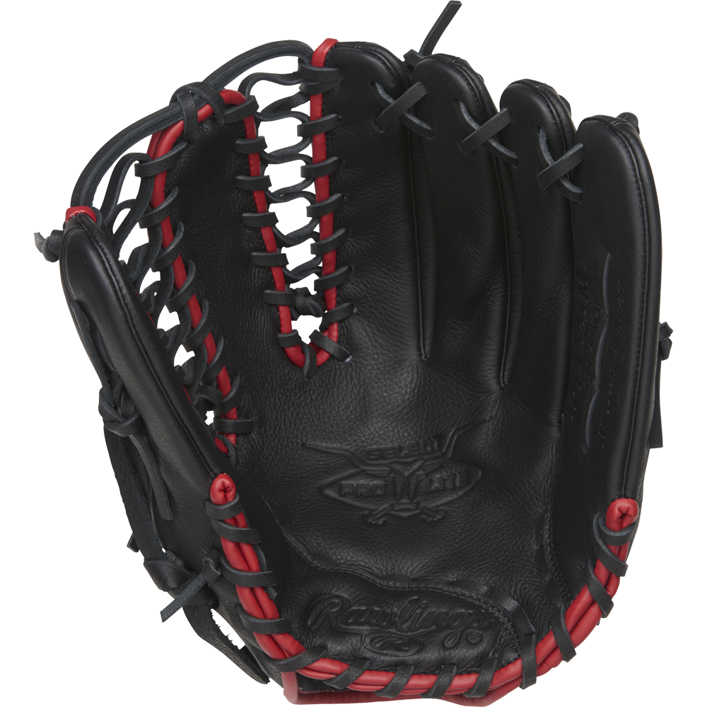 The Rawlings Select Pro Lite 12.25" Mike Trout Baseball Glove (SPL1225MT) features a black and red design with the Youth Pro Taper fit, ideal for young players who want high performance from their glove.