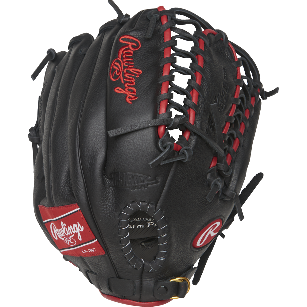 The Rawlings Select Pro Lite 12.25" Mike Trout Baseball Glove (SPL1225MT) features black leather, red accents, detailed lacing, and the Rawlings logo on the thumb and wrist strap—just like Mike Trout’s own glove.
