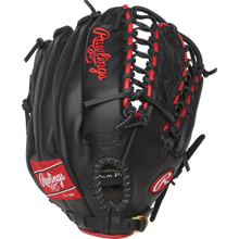 The Rawlings Select Pro Lite 12.25" Mike Trout Baseball Glove (SPL1225MT) features black leather, red accents, detailed lacing, and the Rawlings logo on the thumb and wrist strap—just like Mike Trout’s own glove.