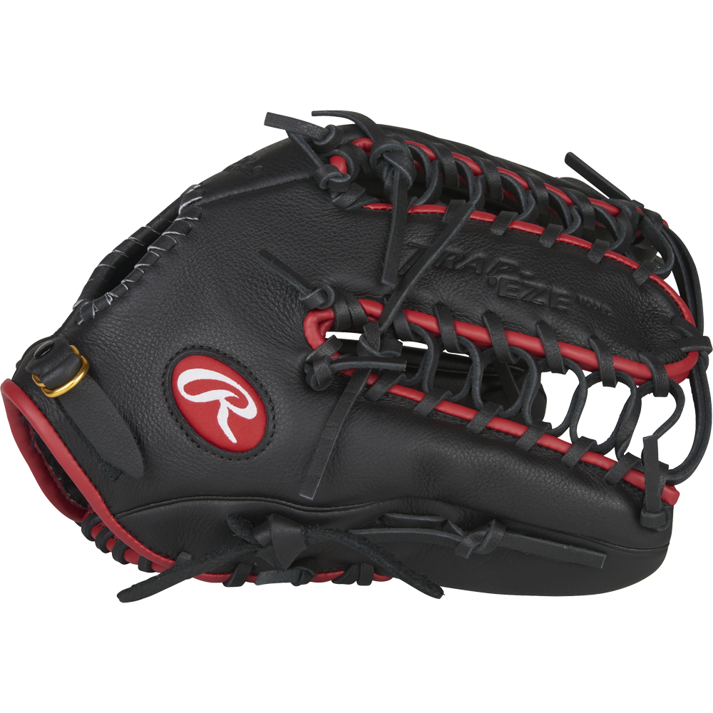 The Rawlings Select Pro Lite 12.25" Mike Trout Baseball Glove (SPL1225MT) features a black design with red stitching and laces, open web, and the iconic Rawlings logo in red and white, inspired by Mike Trout's glove style.