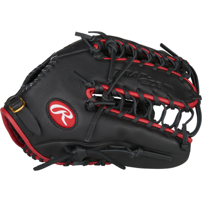 The Rawlings Select Pro Lite 12.25" Mike Trout Baseball Glove (SPL1225MT) features a black design with red stitching and laces, open web, and the iconic Rawlings logo in red and white, inspired by Mike Trout's glove style.