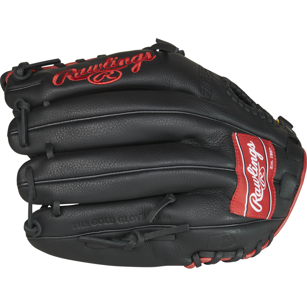 A black Rawlings Select Pro Lite 12.25" Mike Trout Baseball Glove (SPL1225MT) with red and white Rawlings logos and stitching, shown with fingers closed and pocket facing down.