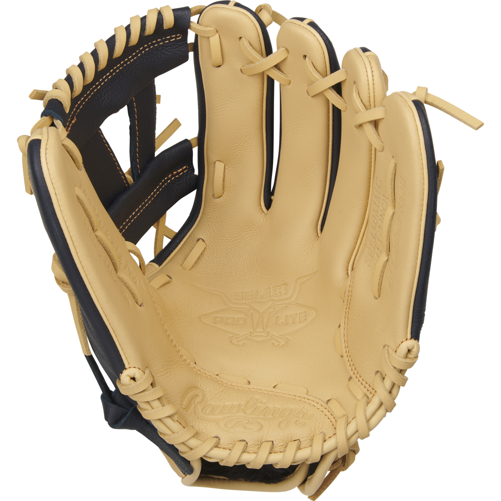 The Rawlings Select Pro Lite 11.5" Manny Machado Glove (SPL150MMC) features tan and black leather, visible stitching, embossed logos, open webbing, and laces—youth-sized with the Manny Machado design from Rawlings.