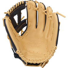 The Rawlings Select Pro Lite 11.5" Manny Machado Glove (SPL150MMC) features tan and black leather, visible stitching, embossed logos, open webbing, and laces—youth-sized with the Manny Machado design from Rawlings.