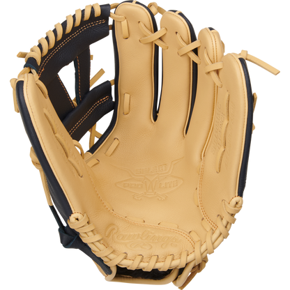 The Rawlings Select Pro Lite 11.5" Manny Machado Glove (SPL150MMC) features tan and black leather, visible stitching, embossed logos, open webbing, and laces—youth-sized with the Manny Machado design from Rawlings.