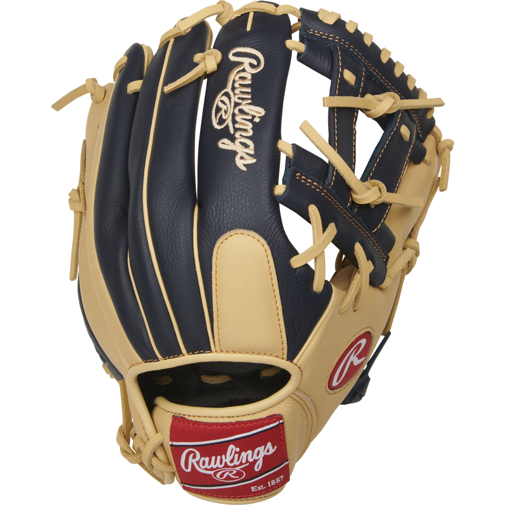 The Rawlings Select Pro Lite 11.5" Manny Machado Baseball Glove (SPL150MMC) showcases black and tan leather, tan lacing, and a red Rawlings logo patch on the wrist strap, displayed against a white background.