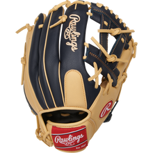 The Rawlings Select Pro Lite 11.5" Manny Machado Baseball Glove (SPL150MMC) showcases black and tan leather, tan lacing, and a red Rawlings logo patch on the wrist strap, displayed against a white background.