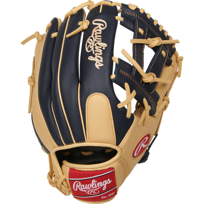 The Rawlings Select Pro Lite 11.5" Manny Machado Baseball Glove (SPL150MMC) showcases black and tan leather, tan lacing, and a red Rawlings logo patch on the wrist strap, displayed against a white background.