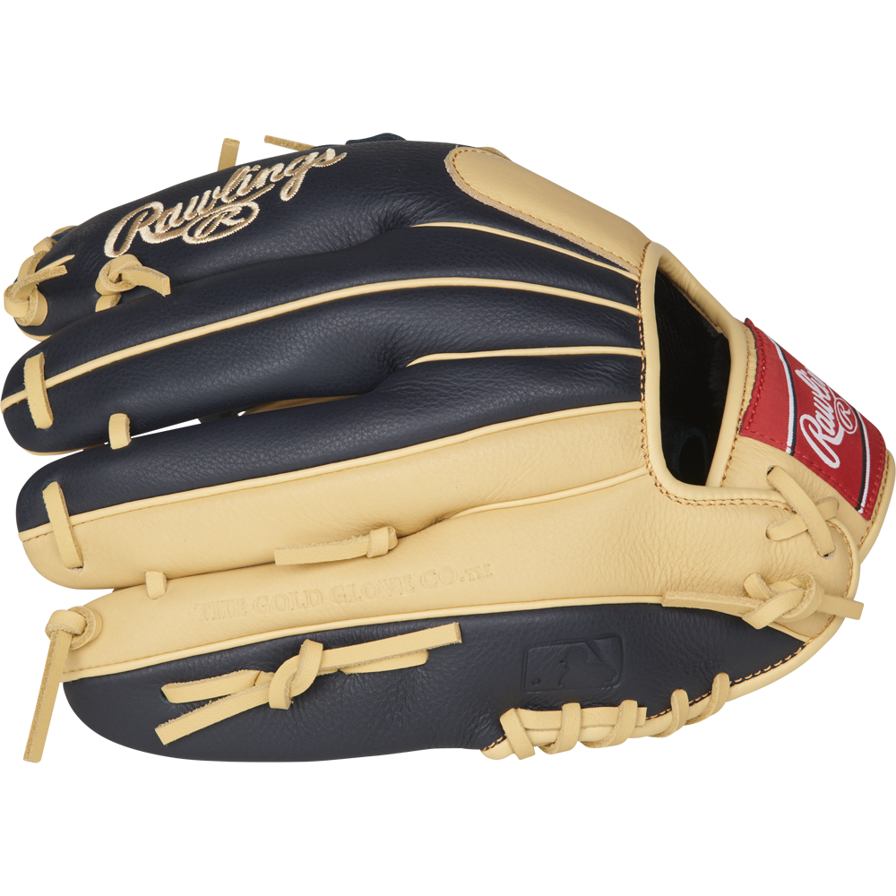 The Rawlings Select Pro Lite 11.5" Manny Machado Baseball Glove (SPL150MMC) features a black and tan design with tan laces, a red Rawlings patch by the wrist, and is displayed on a plain white background.