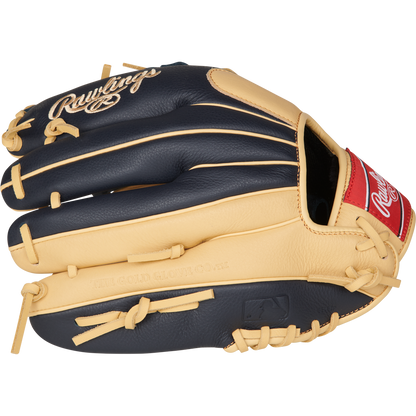 The Rawlings Select Pro Lite 11.5" Manny Machado Baseball Glove (SPL150MMC) features a black and tan design with tan laces, a red Rawlings patch by the wrist, and is displayed on a plain white background.