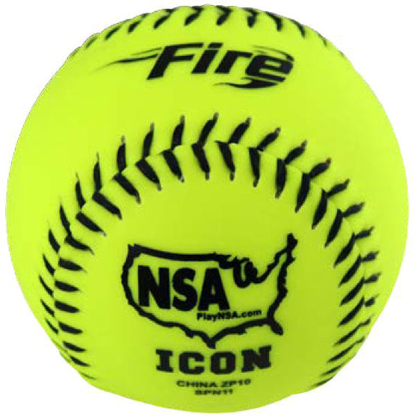 The Baden NSA Fire ICON 11" 44/400 Synthetic Slowpitch Softball (SPN11) is bright yellow with black stitches and markings, featuring "Fire," "NSA certified," "PlayNSA.com," a USA map, and "ICON" printed on the surface.