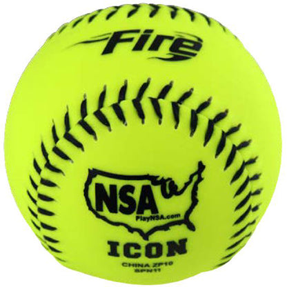 The Baden NSA Fire ICON 11" 44/400 Synthetic Slowpitch Softball (SPN11) is bright yellow with black stitches and markings, featuring "Fire," "NSA certified," "PlayNSA.com," a USA map, and "ICON" printed on the surface.