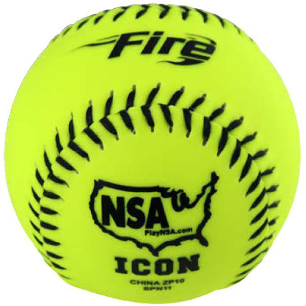 The Baden NSA Fire ICON 12" 44/400 Synthetic Slowpitch Softball (SPN12) from Baden is a bright yellow ball with black stitching, NSA certification, .44 COR rating, and features "Fire," "NSA ICON," the U.S. outline, and PlayNSA.com printed on it.