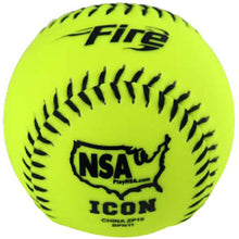 The Baden NSA Fire ICON 12" 44/400 Synthetic Slowpitch Softball (SPN12) from Baden is a bright yellow ball with black stitching, NSA certification, .44 COR rating, and features "Fire," "NSA ICON," the U.S. outline, and PlayNSA.com printed on it.