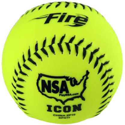 The Baden NSA Fire ICON 12" 44/400 Synthetic Slowpitch Softball (SPN12) from Baden is a bright yellow ball with black stitching, NSA certification, .44 COR rating, and features "Fire," "NSA ICON," the U.S. outline, and PlayNSA.com printed on it.