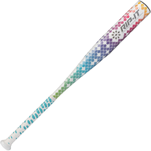 The 2022 Rip It Spark -12 Fastpitch Softball Bat (SRPK) by Rip It features a lightweight design, a white base, and a vibrant blue, green, purple, pink, and orange gradient pattern with the RIP-IT logo near the barrel.